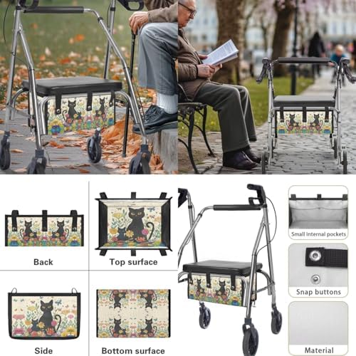 LedBack 3 Pcs Sets Universal Fit Walker Seat Cover Rollator Walker Seat & Backrest Covers, Black Cat Flowers Rollator Storage Under Seat Bag, Easy to Install
