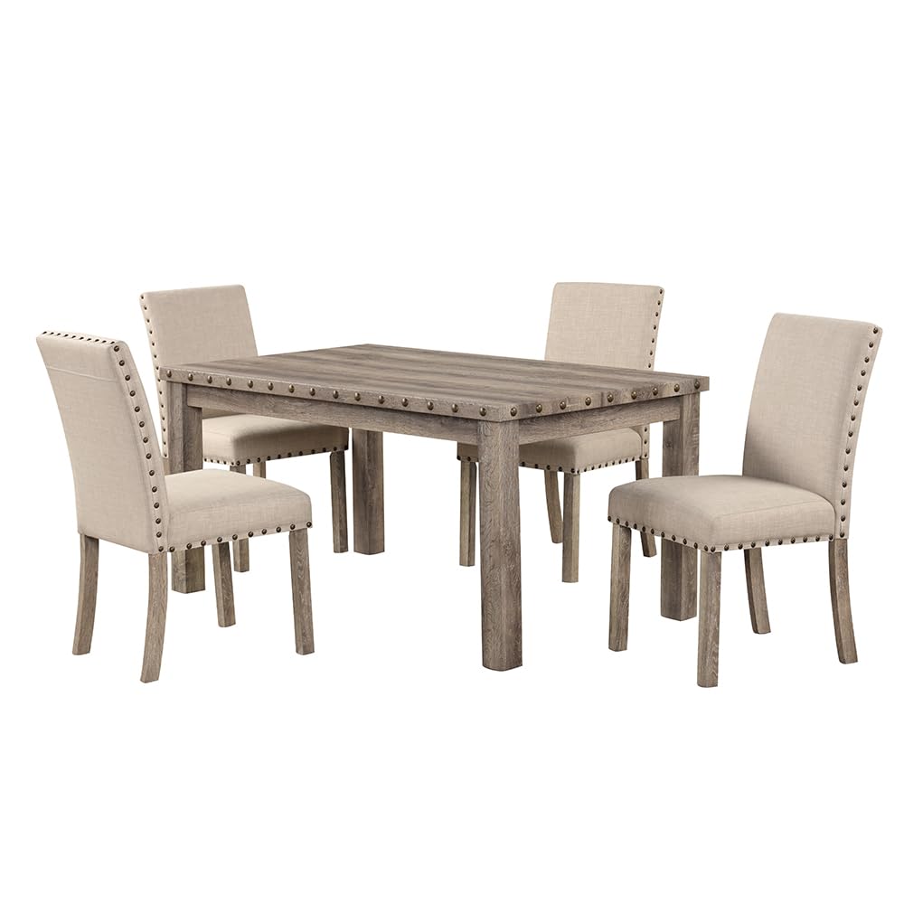 Morden Fort Farmhouse Dining Set for 4, 60" Rectangular Wooden Table & 4 Upholstered Chairs with Nailhead Accents, 5-Piece Kitchen Table Set for Dining Room, Breakfast Nook, Antique Rustic