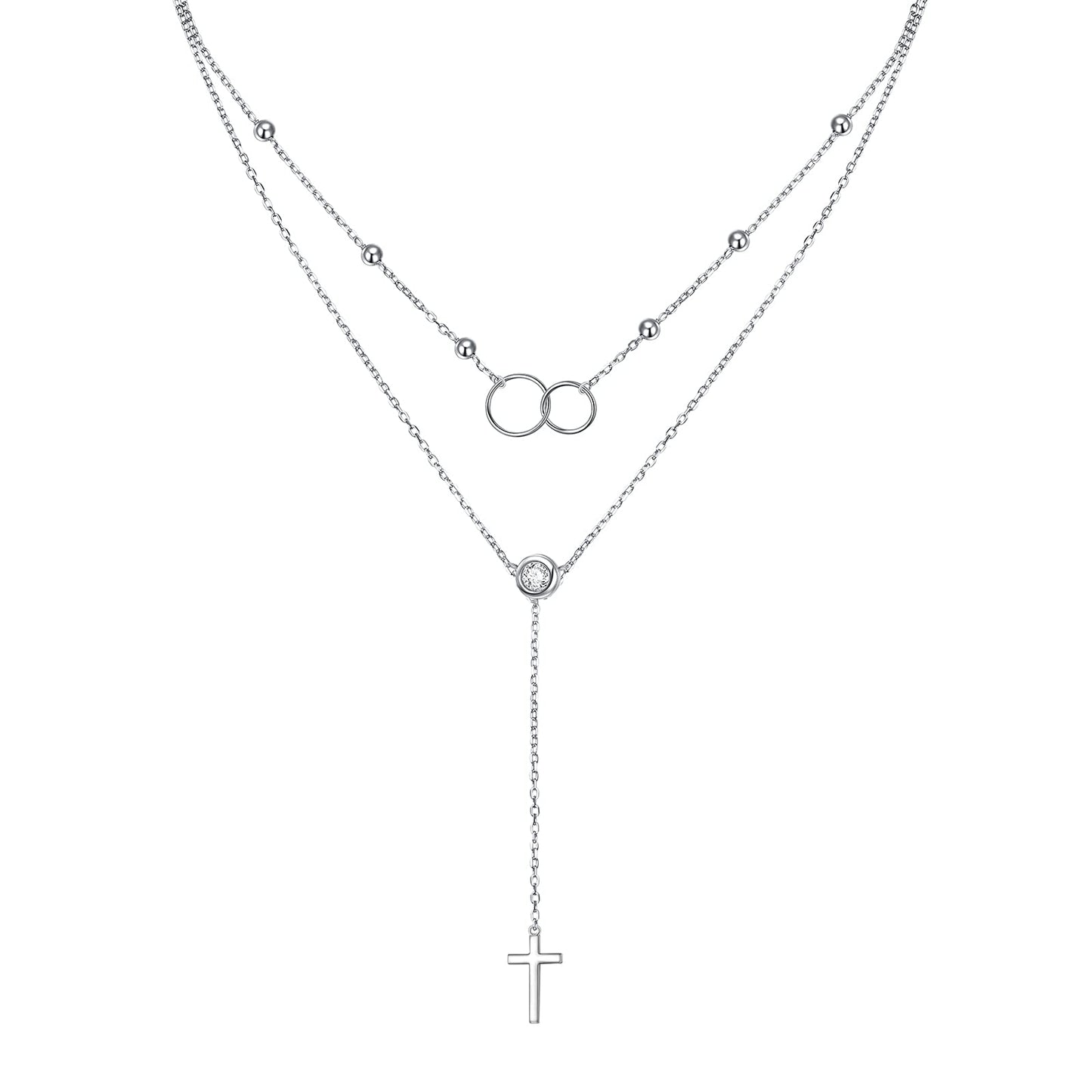 FLYOW Layered Cross Necklace 925 Sterling Silver Two Interlocking Infinity Circles Choker Y Lariat Long Necklace Mothers Day Birthday Gifts for Women