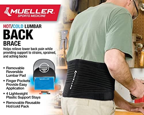 MUELLER Sports Medicine 4-in-1 Lumbar Back Brace with Hot/Cold Pack, Ideal for Upper and Lower Back Pain, Relief & Support for Men and Women, Strains, Sciatica, Scoliosis, Black, One Size