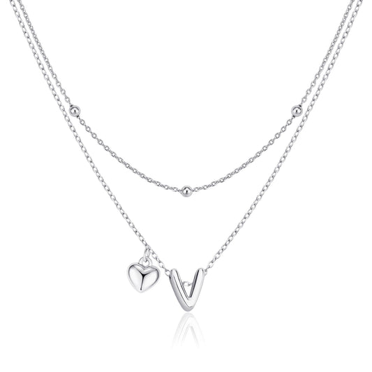 adoyi Silver Heart Initial Necklaces for Women 14k Gold Plated Layered bubble Letter Necklace Dainty Heart V Pendant Necklace Stack Birthday Valentines Gifts for Women Jewelry