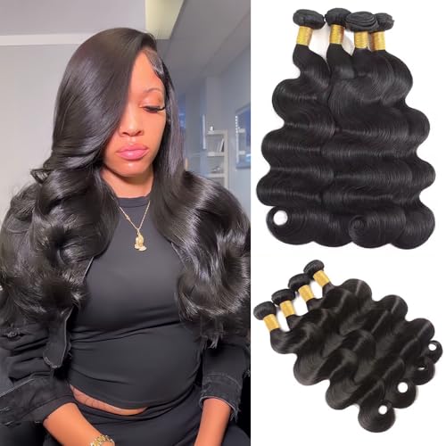 16A Human Hair Bundles 12 14 16 18 Inch Body Wave Bundles Human Hair 400g Brazilian Virgin Body Wave 4 Pieces Deals Brazilian Quick Weave Extensions Wet and Wavy Extensions Natural Black