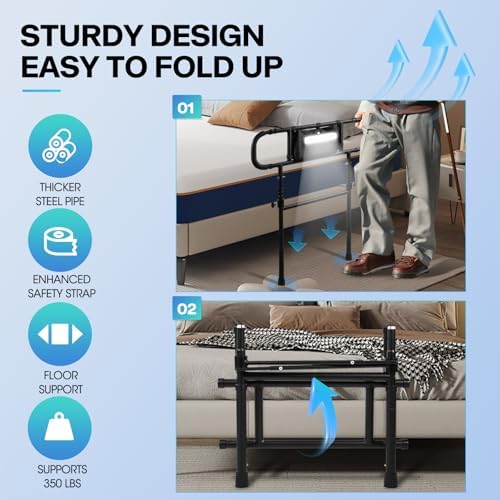 Bed Rails for Elderly Adults Safety, Adjustable Bed Assist Rails, Safety Bed Handle with Leg & Motion Light, Foldable Bed Rails for Seniors, Surgery Patients & Handicap