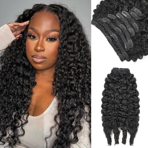 Burmese Curly Clip in Hair Extensions Real Human Hair 8Pcs Brazilian Human Hair Clip ins for Black Women With 18Clips 120g 22inch #1B Natural Black