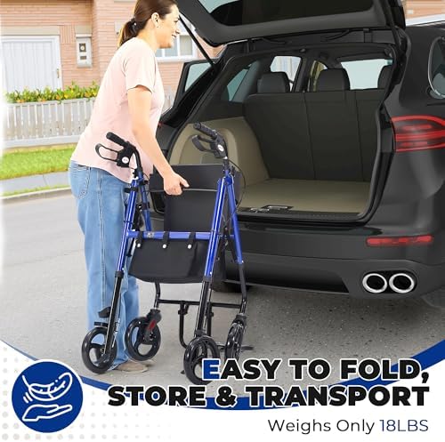 Metro Mobility 2 in 1 Rollator Walker & Transport Wheelchair, Foldable Lightweight Rollator Walker with Seat for Seniors, 8" Big Wheels for All Terrain, 300 lb. Weight Capacity, Blue