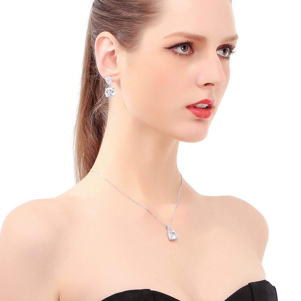 AMYJANE Wedding Jewelry Set for Bridesmaids - Elegant Sterling Silver Teardrop Clear Cubic Zirconia Crystal Rhinestone CZ Necklace Set for Bride Bridal Jewelry for Mother of Bride