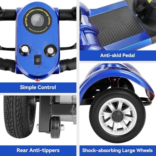 4-Wheel Mobility Scooter for Adults & Seniors - Heavy-Duty Compact Travel Scooter with Long-Lasting Battery, LED Lights, Basket & Portable Design (Blue)