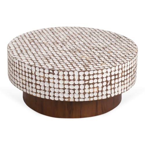 East at Main Round Coffee Table – White Boho Cocktail Table with Coconut Shell Inlay, 34.75" Coastal Accent Table for Living Room, Pedestal Wood Base, Handmade Furniture