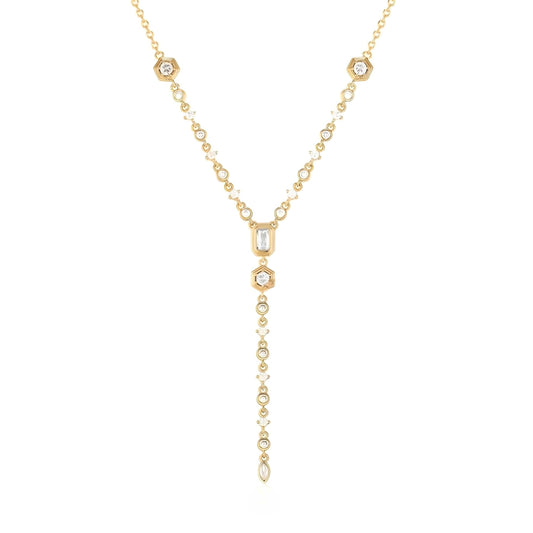 925 sterling Silver Lariet Necklace, 14K Yellow Gold Long Y Necklace with Zircon Geometric Long, Vintage Charm Silver Lariat Jewelry Accessories, Simple Shiny Gold Lariet Necklace for Women
