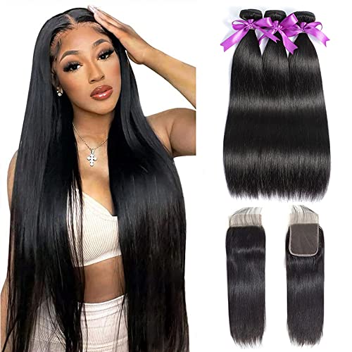 Straight Bundles with Closure Human Hair 16 18 20+14 Brazilian Human Hair Bundles with Closure Straight 100% Unprocessed Virgin Weave Hair Bundles with Lace Closure