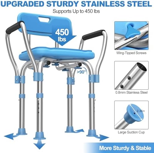 Heavy Duty Shower Chair with Armrests & Back, FSA/HSA Eligible Upgraded 450lbs Stainless Steel Padded Shower Seat for Inside Shower, Anti Slip Adjustable Bathroom Chair for Elderly Disabled