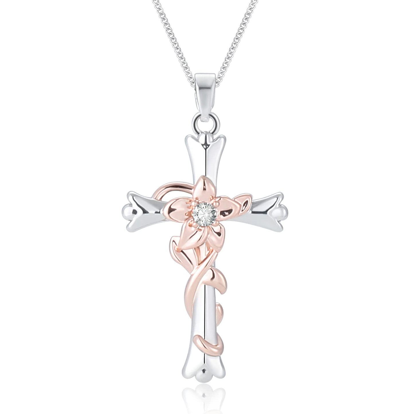 ACECHA Silver Cross Necklace for Women, Dainty Faith Cross Pendant Necklaces with Daffodils Jewelry for Mom Wife Daughter Sister | Gifts for Birthday Anniversary Christmas Easter(Narcissus-Vitality)