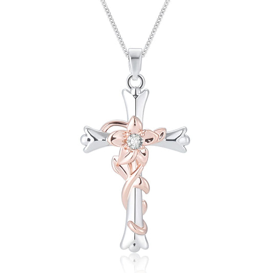 ACECHA Silver Cross Necklace for Women, Dainty Faith Cross Pendant Necklaces with Daffodils Jewelry for Mom Wife Daughter Sister | Gifts for Birthday Anniversary Christmas Easter(Narcissus-Vitality)