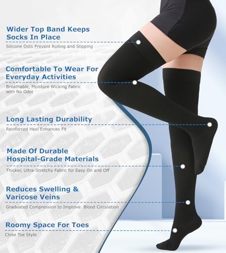 MGANG Medical 20-30 mmHg Compression Stockings for Women & Men, Pair, Thigh High Graduated Compression Socks, Closed Toe, Opaque, Support for Varicose Veins, Edema, DVT, Swelling, Flight, Black XL