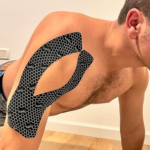 FlexU Kinesiology Tape - 60 2" x 10" Pre-Cut Strips for Lower Back, Knees, & Shoulders; Pain Relief & Support for Muscles & Joints, Shoulders, Knees & Back, Rheumatism, Gout, Osteoporosis (Blue)