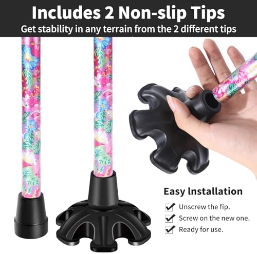 Walking Cane ATMTV Cane for Woman | Mobility & Daily Living Aids | 5-Level Height Adjustable Walking Stick | Comfortable Plastic T-Handle Portable Folding Cane with Replace Tip Purple Flower
