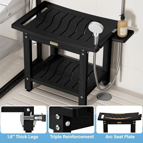 YEFU Shower Chair for Inside Shower: 21" Oversized Non-Slip Waterproof No Maintenance 500LBS Weight Capacity - Shower Bench/Stool with Shelf Handle for Bathroom/Outdoor - Easy Assemble for Adult/Black