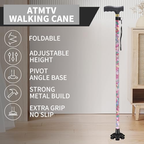 Walking Cane ATMTV Cane for Woman | Mobility & Daily Living Aids | 5-Level Height Adjustable Walking Stick | Comfortable Plastic T-Handle Portable Folding Cane with Replace Tip Purple Flower