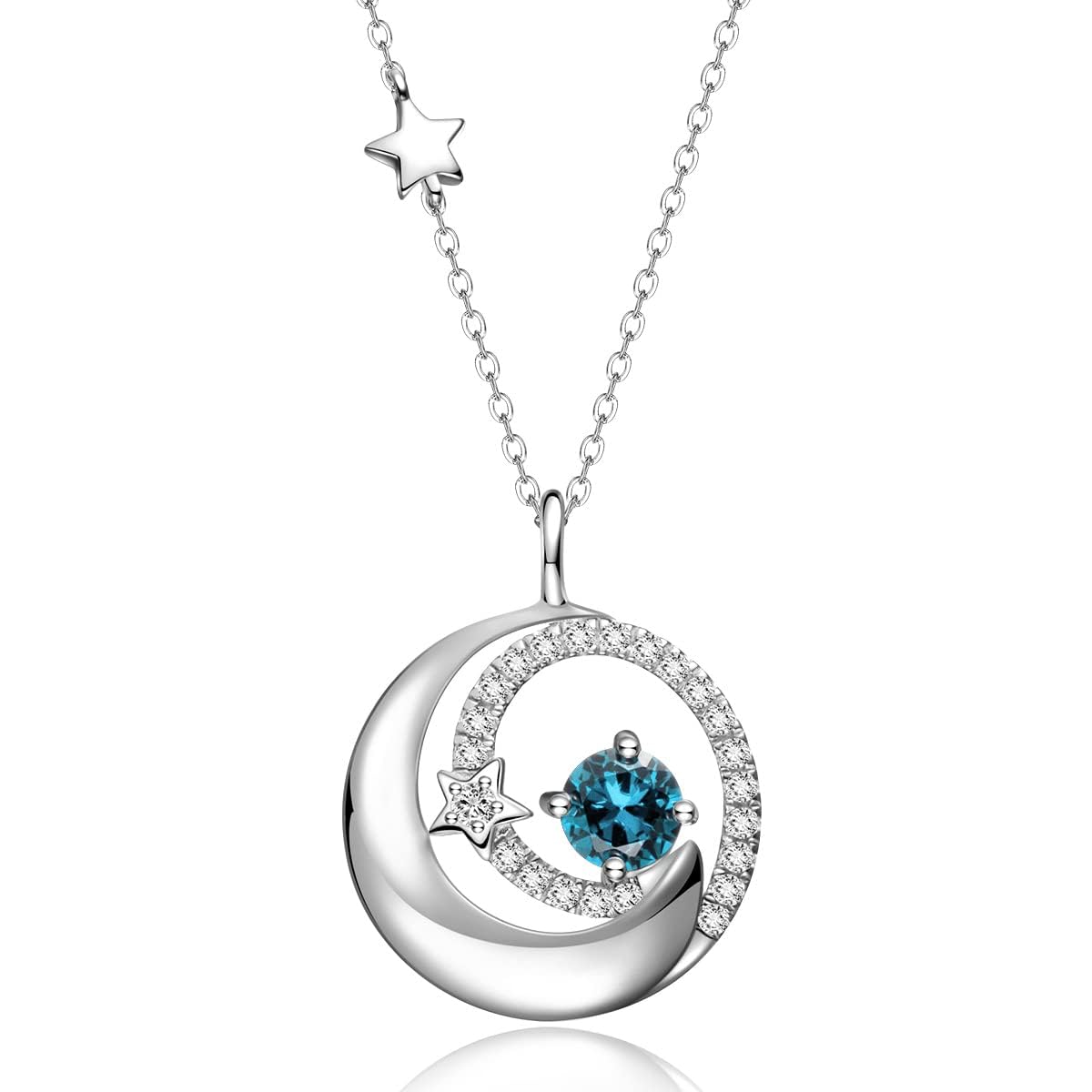 FANCIME London Blue Topaz Necklace with 925 Sterling Silver Moon Star Pendant, November December Birthstone Jewelry Birthday Anniversary Mothers Day Gifts for Women Mom Her, Adjustable Chain 16"+2"