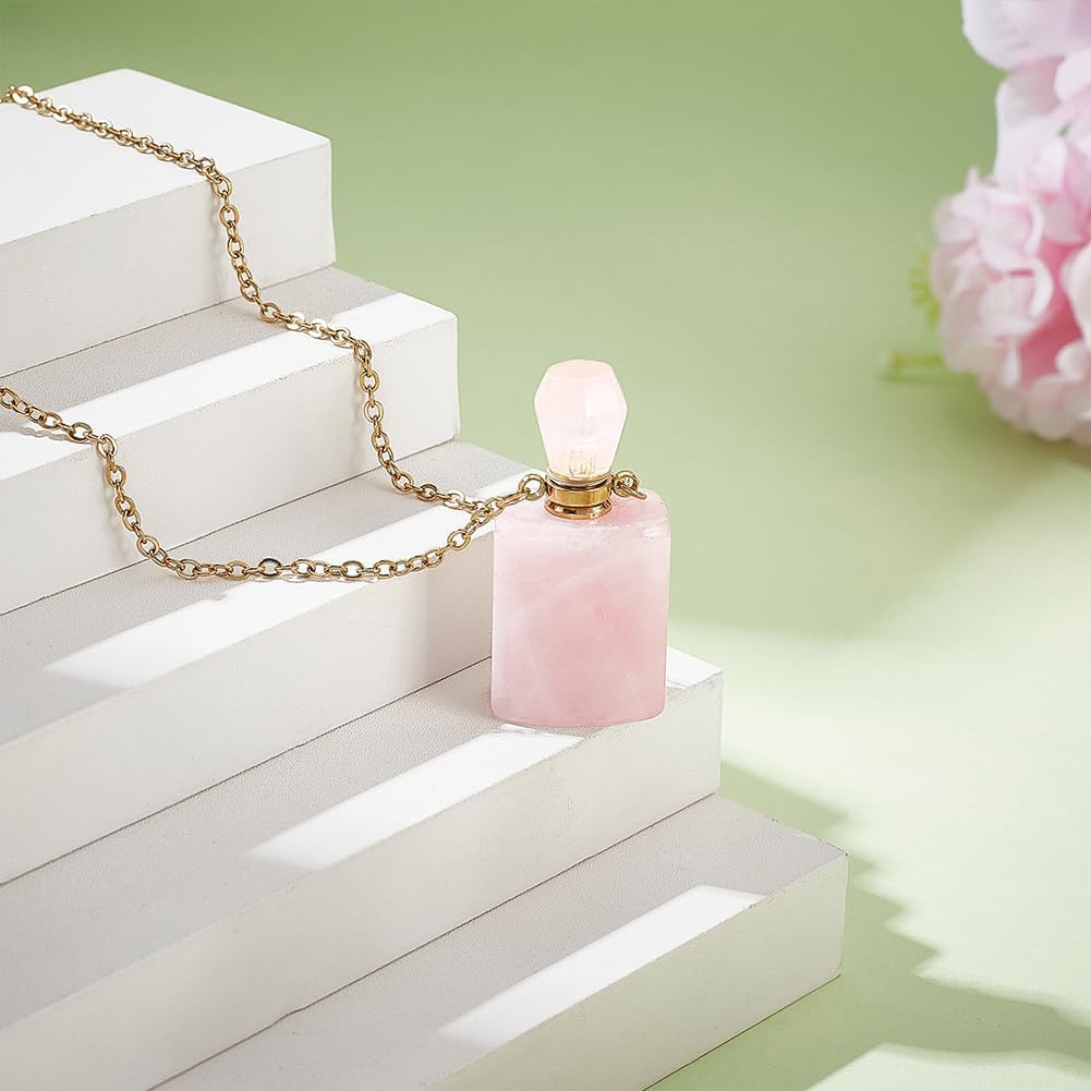 PH PandaHall Stone Perfume Bottle Necklace, Natural Rose Quartz Essential Oil Pendant Necklace Rectangle Crystal Vial Necklaces with Golden Chain for Women Jewelry, Pink, 1 Piece