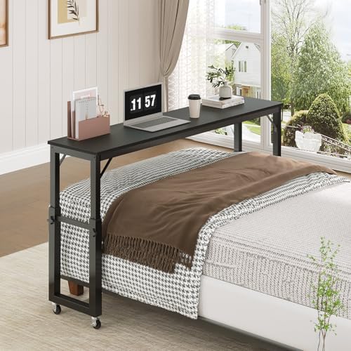 Overbed Table with Wheels, Queen Size Mobile Bed Desk with Adjustable Height, Rolling Table, Dining Table, Computer Desk, for Bedroom, Living Room, Office, Black MTBK18001