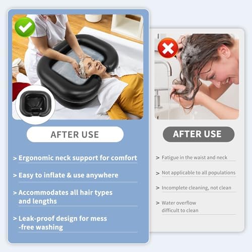 Inflatable Shampoo Basin, Portable Shampoo Bowl with Neck Support and Drain Hose for bedridden People, Portable Shampoo Sink for The Elderly, Disabled, Pregnant Women, Injured People (Black)