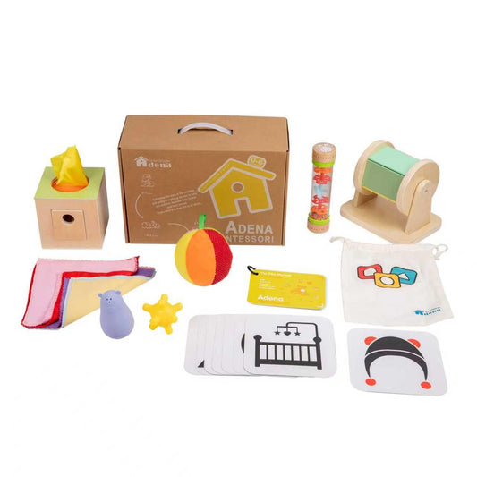 Adena Montessori Play Kit for 0-6 Month Baby,8 in 1 Learning Kit Includ Black&White Card,Rainmake Rattle,Sensory Ball,Tummy Time Wobbler,Tissue Box,Tissue,Rainbow Ball,Rainbow Drum