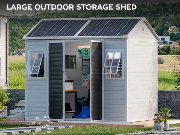 8x6 Shed, Heavy-Duty Outdoor Storage Shed with Floor, Waterproof Plastic Resin Garden Shed for Backyard, Tool Storage with Lockable Double Doors Awning Windows