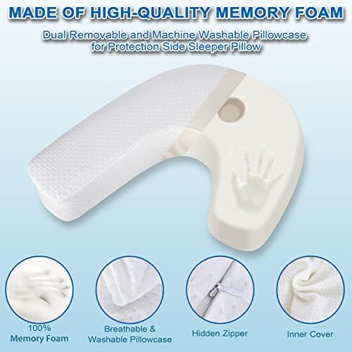 Side Sleeper Pillow J-Shaped Side Sleeper Pillows for Adults Memory Foam Pillow for Neck Shoulder Pain Relief with Ear Hold Removable Washable Cover 1 Pack White