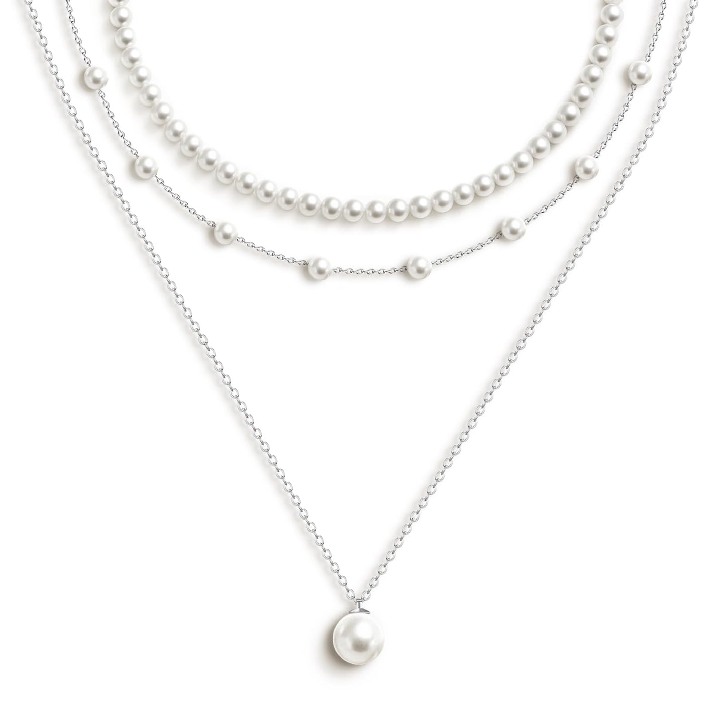 Zeffy Layered Silver Pearl Necklaces for Women Silver Plated Dainty Layered Tiny Single Pearl Choker Trendy Cute Silver Necklace Stack Wedding Jewelry Sets for Women Bridesmaid Gifts