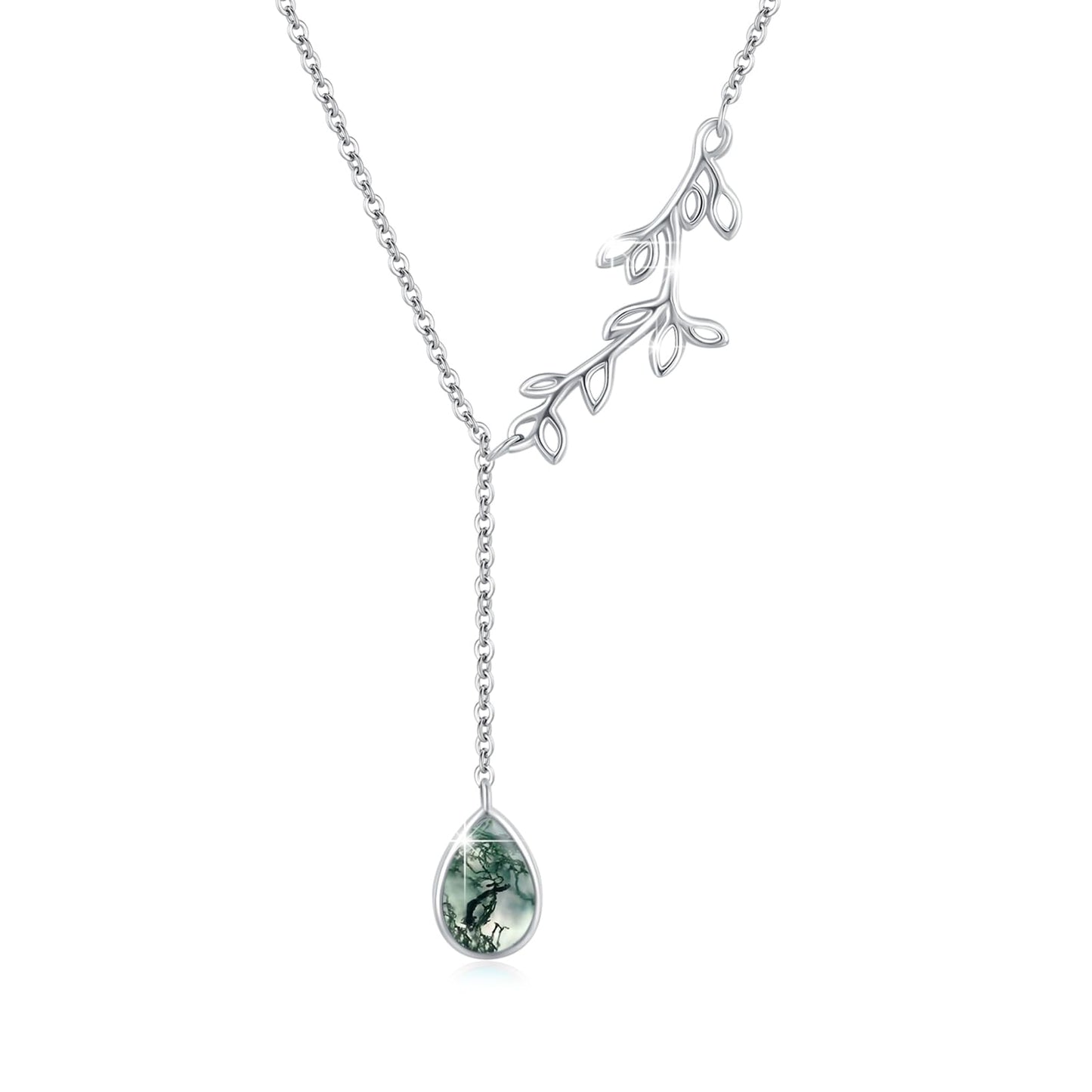 Silikepa Leaf Necklace for Women 925 Sterling Silver Leaf Pendant Necklace Y Chain with Moss Agate Jewelry Gifts for Women