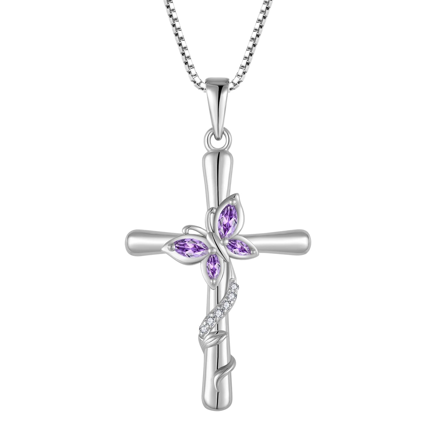 Blaniy Cross Necklace for Women 925 Sterling Silver Butterfly Necklace Amethyst Pendant Necklaces February Birthstone Jewelry Gifts for Women