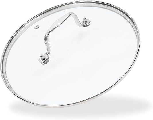 10.5 Inch Clear Glass Pot Lid for Frying Pan Replacement Cover Can Withstand 428Â°F (220â) with Stainless Steel Arch Bridge Handle,Polished Silver
