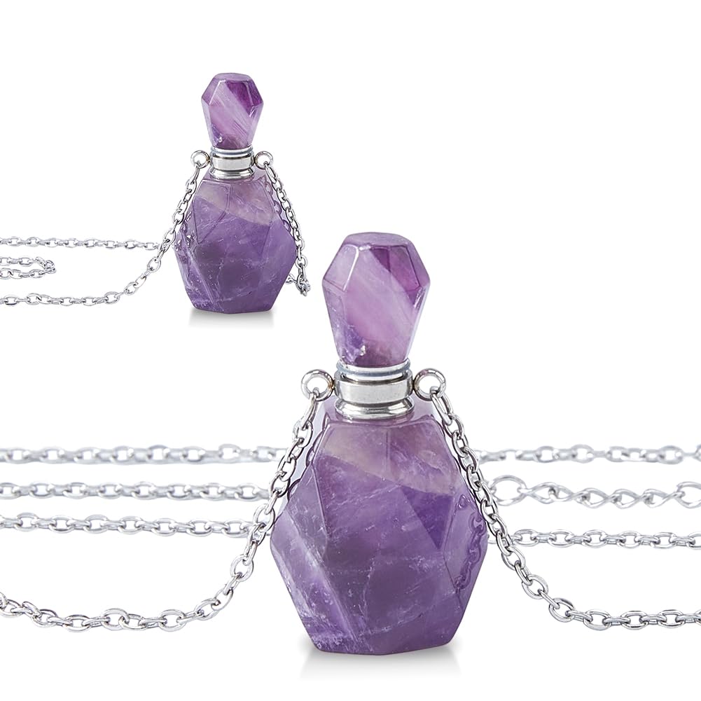 SUPERFINDINGS 2Pcs Perfume Bottle Necklace Essential Oil Diffuser Necklace Purple Natural Amethyst Perfume Bottle Pendant with 304 Stainless Steel Chain Gemstone Vial Pendant for Woman Men
