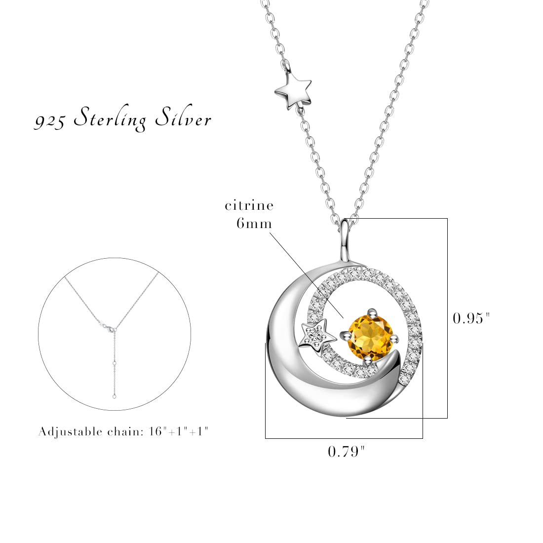 FANCIME Citrine November Birthstone Necklace Moon Star Pendant 925 Sterling Silver Yellow Topaz Fine Jewelry Gemstone Birthday Anniversary Graduation Mothers Day Gifts for Women Her Mom Wife