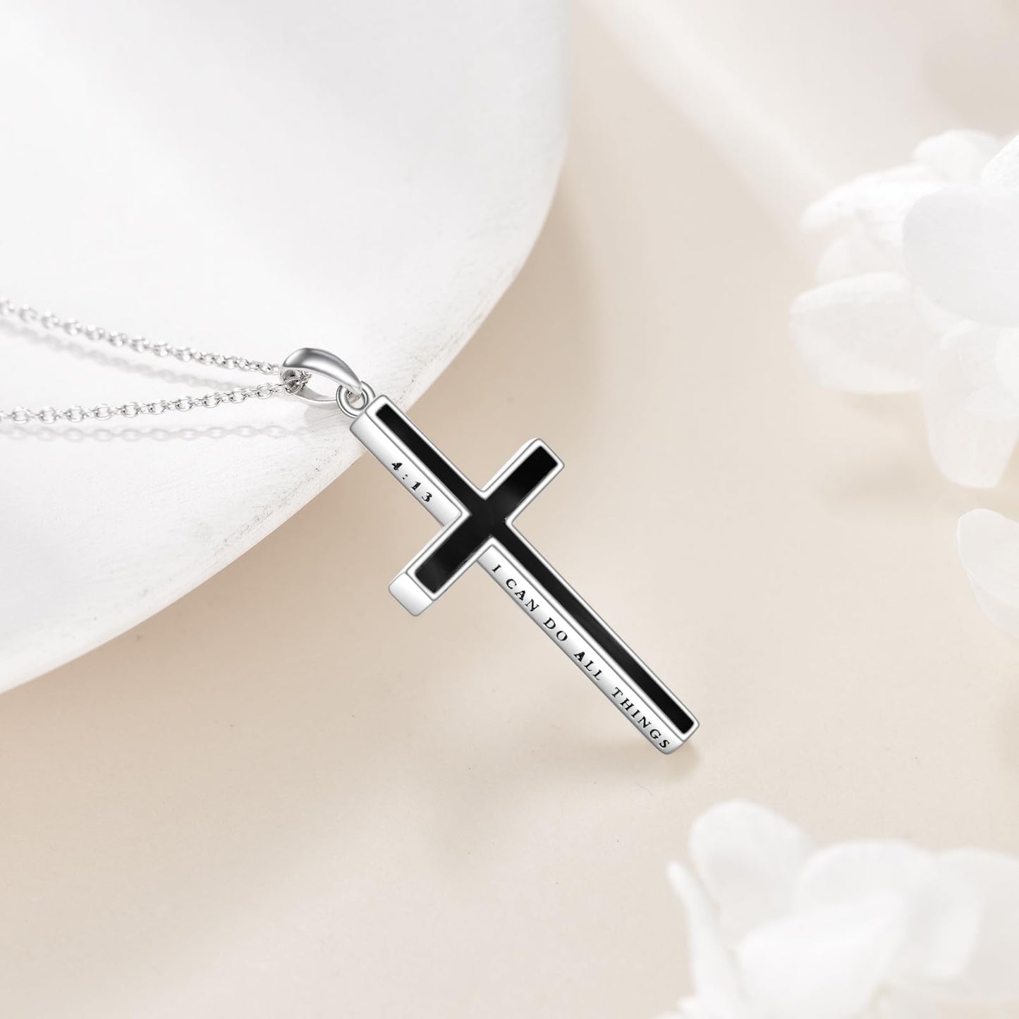 YFN I Can Do All Things Cross Necklace Sterling Silver Black Onyx Cross Pendant Thin Cross Jewelry Gifts for Women Men