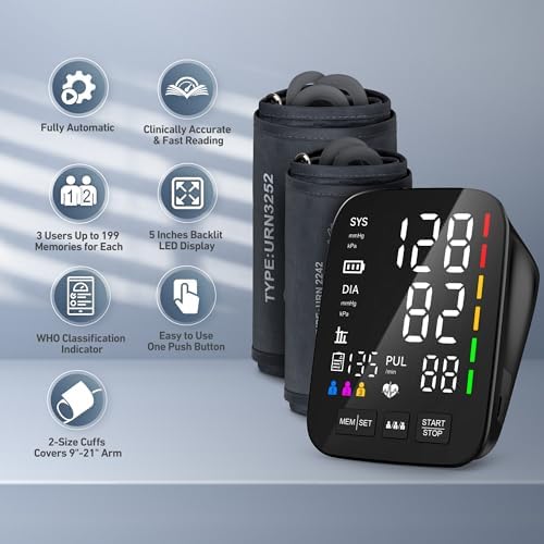 Blood Pressure Monitor for Home Use - 2 Size Cuffs (9"-17" & 13"-21"), Fits Medium, Large & Extra Large XL Upper Arms, Accurate Digital Automatic BP Machine, 5" LED Display, 3-User Mode, Model U80A