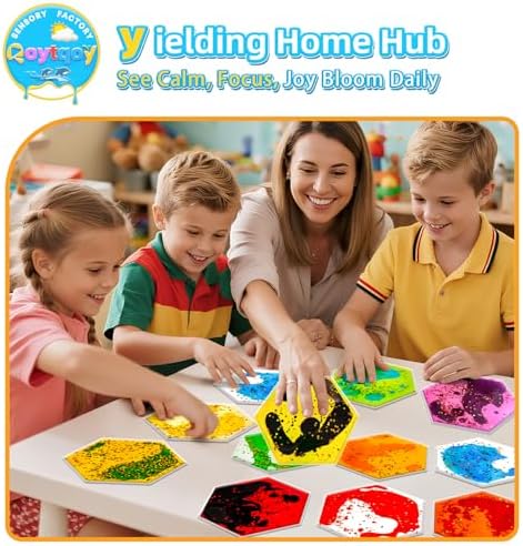 Squishy Liquid Sensory Gel Tiles 9 Packs - Hexagon Liquid Sensory Toys for Stress Relief & Fidget Fun, Washable Sensory Floor Tiles for Toddles 3+ Home, Classroom, Travel