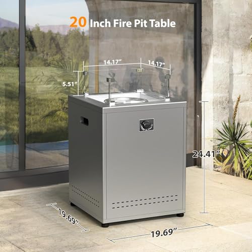 20" Square Smokeless Propane Fire Pit Table, 50,000 BTU Portable Outdoor Patio Heater with Lava Rocks, Glass Wind Guard & Cover for Deck, Backyard, Garden, Camping (Black)