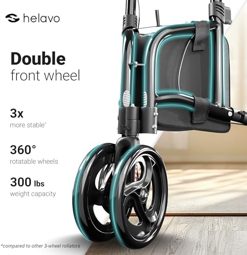 Helavo 3 Wheel Rollator Walker for Seniors, 3 x More Stable, 8" Wheels - Ultra Lightweight Foldable Narrow Walker for Small Spaces, Aluminum Three Wheel Mobility Aid for Indoors and Outdoors
