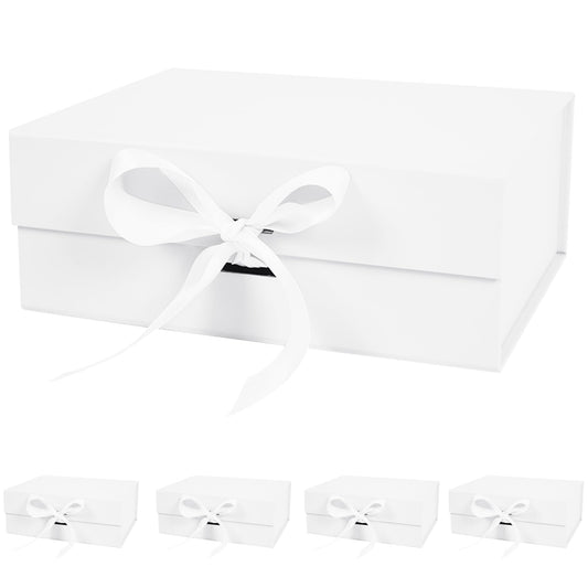 Aimyoo 5 Pack Large White Gift Box with Ribbon, 11.5x8.6x4.1 inch Groomsman Proposal Box for Presents with Magnetic Closure Lids, Rectangle Collapsible Luxury Box for Wedding, Christmas, Birthday