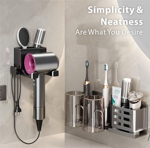 Hair Dryer Holder Wall Mounted with Self Adhesive, Mg-Al Alloy Blow Dryer Holder Compatible with Dyson Supersonic, Shark, Hair Dryer Organizer for Bathroom, Vanity, Bedroom (Black)
