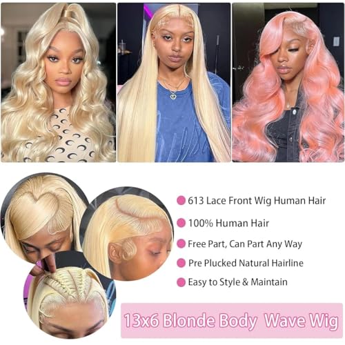 613 13x6 Lace Front Wig Human Hair 200 Density Blonde Wig Human Hair 613 HD Lace Frontal Wigs Human Hair Pre Plucked 613 HD Lace Frontal Wig Straight Glueless (24 Inch)