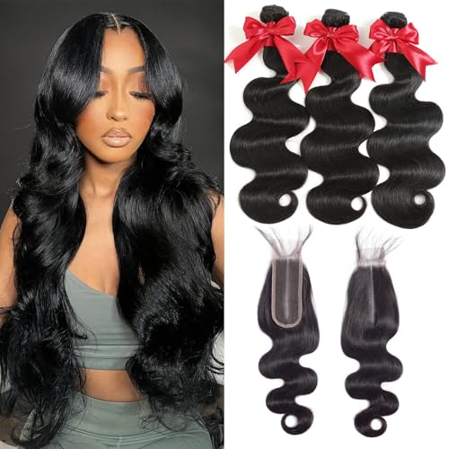 12A Human Hair Bundles with 2x6 Closure 16 18 20 with 14 Inch Brazilian Body Wave 3 Bundles Human Hair with 2x6 HD Lace Closure 100% Unprocessed Virgin Human Hair Weave