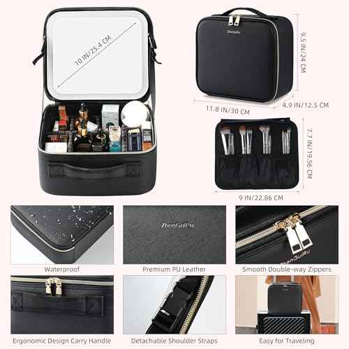 Travel Makeup Bag with LED Mirror ? Waterproof Cosmetic Train Case with Adjustable Dividers, Portable Makeup Organizer and Toiletry Bag for Women, Teens & Girls Gift, Black