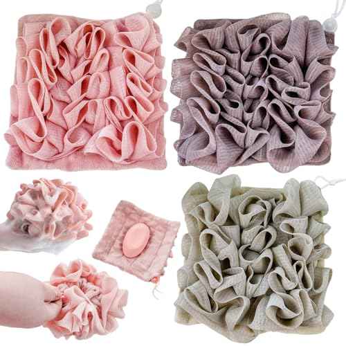 3 Pcs Soap Bar Loofah, 2 in 1 Bar Soap Loofah Pouch Can Hold Soap Effective Exfoliation for Bathing (Khaki + Coffee + Pink)