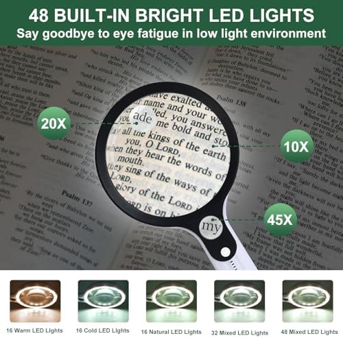 Magnifying Glass with 48 LED Light, 10X 20X 45X Handheld Illuminated Lighted Magnifier with 5 Light Modes Rechargeable Magnifying Glass for Seniors Reading Inspection (Black & White)