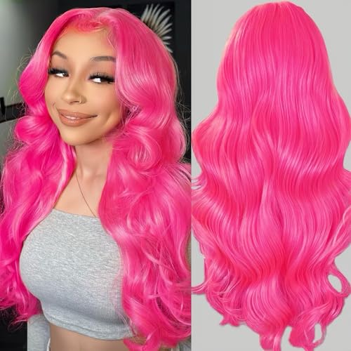 Pink Wig Human Hair 13x4 Pink Lace Front Wigs Human Hair Pre Plucked Body Wave Wig 200 Density Real Hair Frontal Wigs for Women 24 Inch