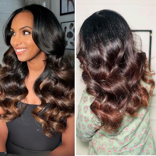 T1B/2/30 Chestnut Brown Ombre Human Hair Bundles Body Wave 100% Real Virgin Human Hair Bundles 10 12 14 Inch Dark Roots Bundle 3 Tone Ombre Medium Auburn Colored Sew in Quick Weaves