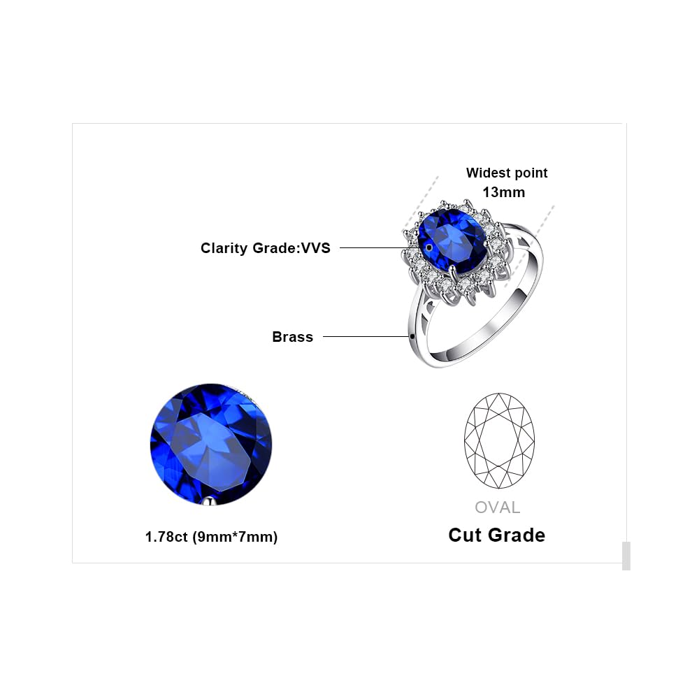 JewelryPalace Princess Diana Kate Middleton Class Gemstone Birthstone Royal Blue Created Spinel Halo Statement Engagement Rings for Women, Anniversary 14K White Gold Plated Promise Rings for Her 10.5